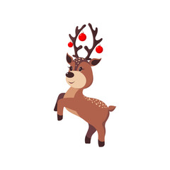 Christmas deer with Christmas tree toys. Jumping deer. New Year character. Vector illustration.