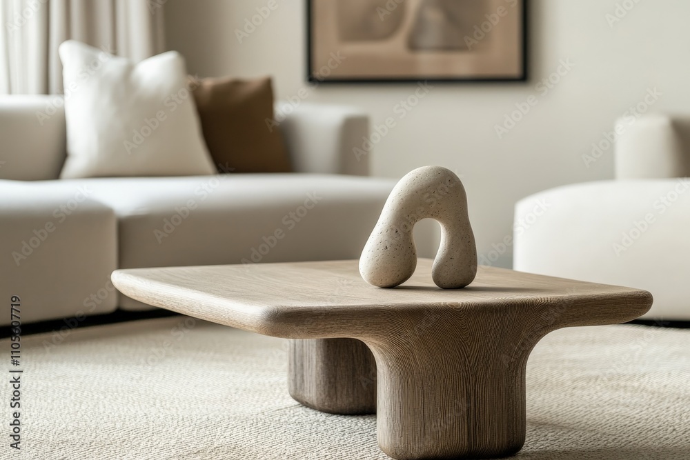 Poster a minimalist setting featuring an abstract sculpture on a natural wooden table in a modern living ro