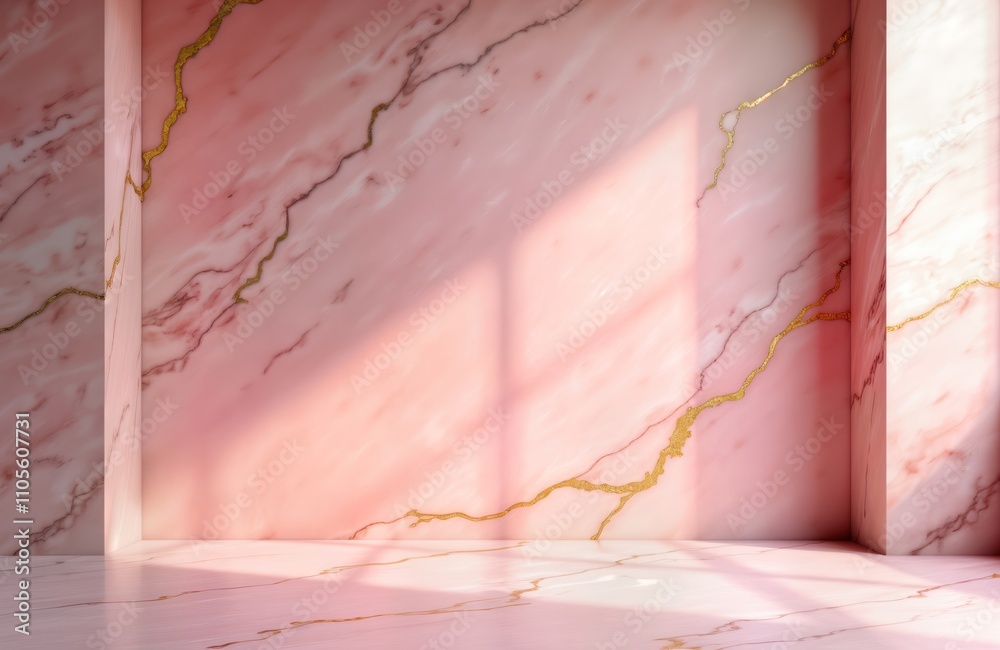 Poster empty pink marble room with golden cracks. minimalist backdrop for product display. sunlight casts s