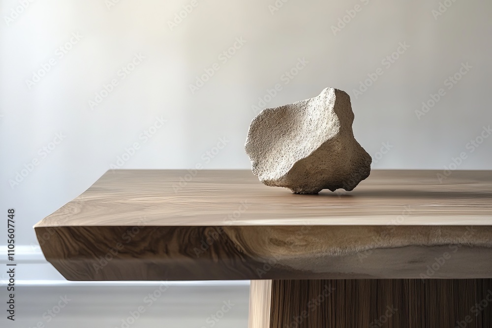 Poster an artistic rock sculpture with a raw, organic form is elegantly placed on a natural wooden table, c