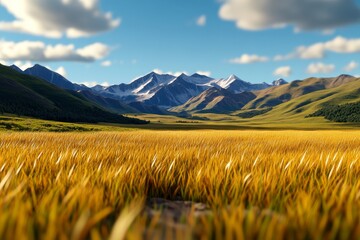 Golden Wheat Field with Snow-Capped Mountains