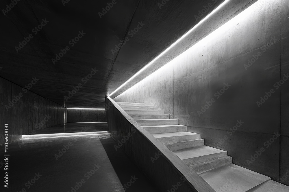 Aufkleber A futuristic staircase with a minimalist design, illuminated by bright light. The clear lines and spacious feel offer a forward-looking architectural vision.