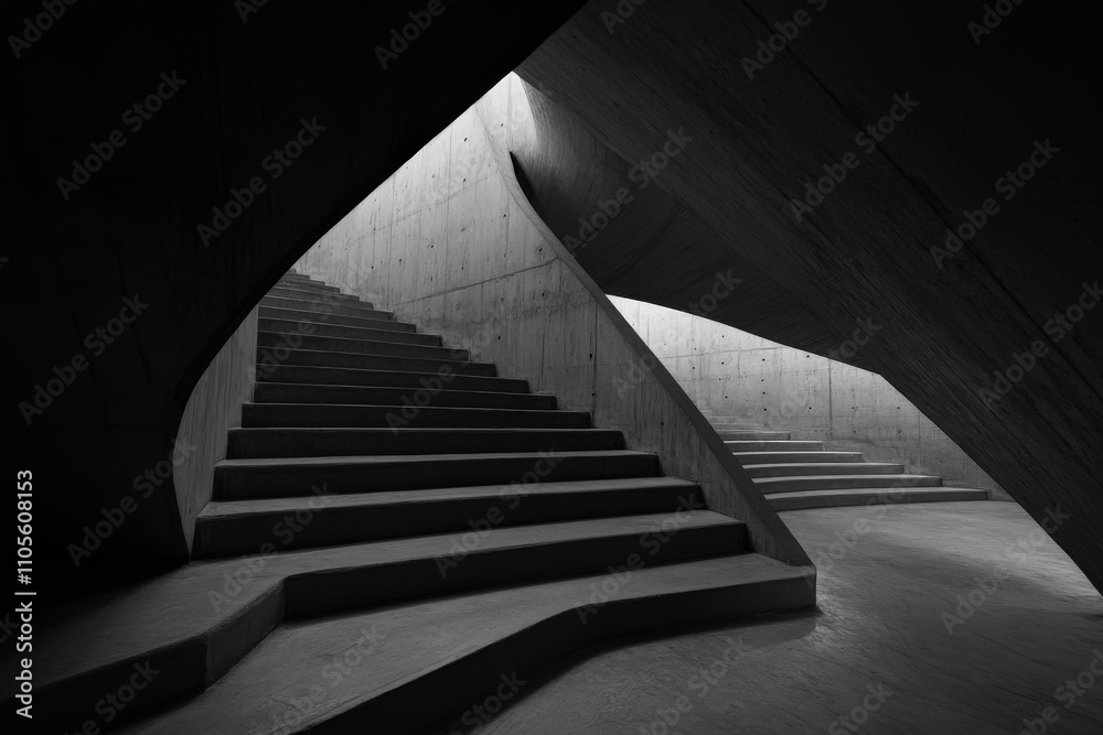 Poster a visually striking modern concrete staircase featuring sharp angles, sleek curves, and a minimalist
