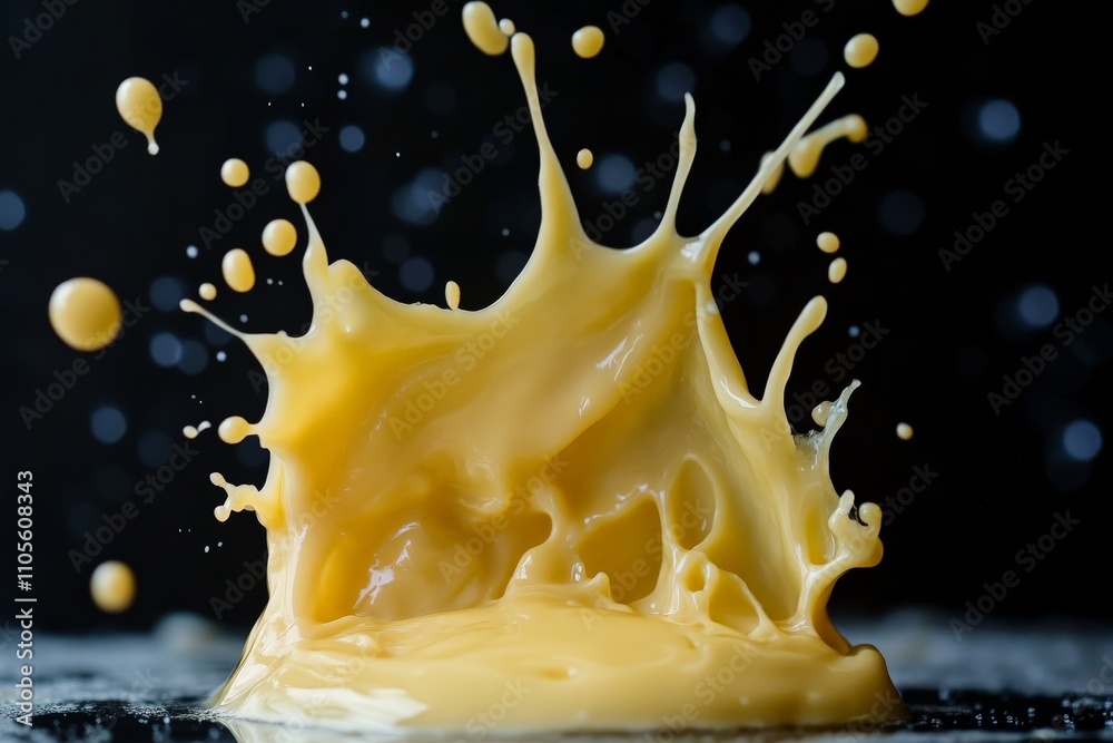 Poster a vibrant splash of yellow liquid captured in motion against a contrasting dark background, showcasi