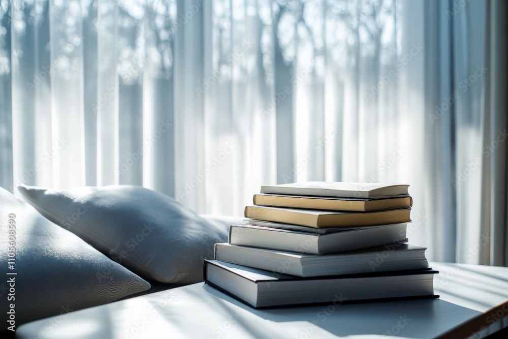 Poster a stack of hardcover books rests on a table bathed in soft sunlight, with pillows and sheer curtains