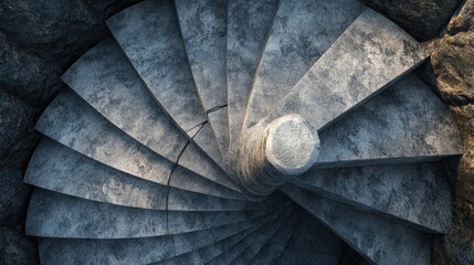 Leading down: A mesmerizing spiral staircase with a textured stone finish, exuding a sense of depth and mystery.