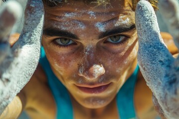 A young athlete stares ahead focusing intensely, his hands dusted with chalk as he mentally prepares, demonstrating resilience and anticipation for an event.