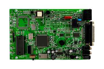 Electronic board with radio components, connectors, slots and processor chip from electronic device isolated on white background. Top view.