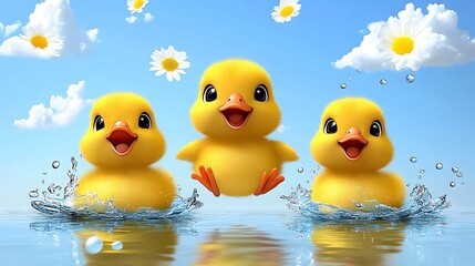 A clip art of a peaceful lake scene with ducks swimming on a white background