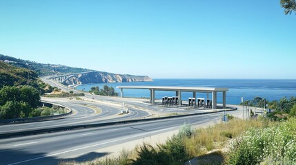 Toll road intersection near the beautiful coastline background wallpaper AI generated image