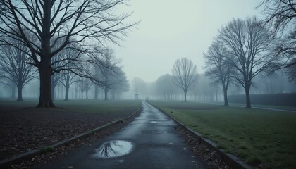 Fototapeta premium Misty road with bare trees and reflections in a foggy park landscape