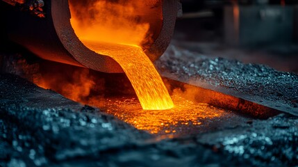 Molten metal pouring from a furnace into a casting mold creating a vibrant orange stream amid glowing ashes and an industrial backdrop, showcasing the foundry process