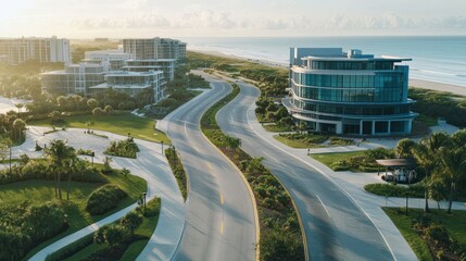 Office complex with several buildings near the beach Asphalt road that crosses the area background wallpaper AI generated image