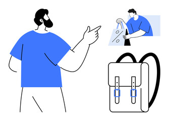Man pointing forward and a person holding shopping bags, large backpack with buckles. Ideal for decision-making, journey planning, travel, shopping, lifestyle, simplicity daily actions. Line