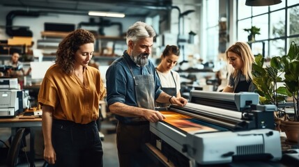 Group of four people in an industrial setting collaborating with a large format printer, focusing on color print adjustments and teamwork.
