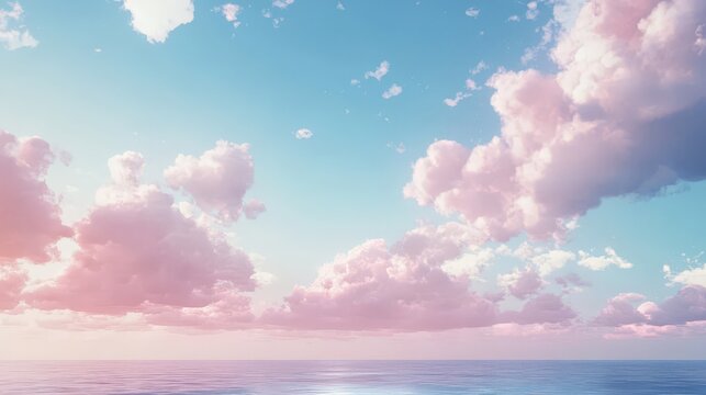 Serene ocean horizon with vibrant pink clouds and clear blue sky at sunset. - Powered by Adobe