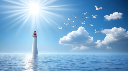 A clip art of a red and white lighthouse by the sea on a white background