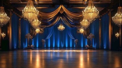 Elegant ballroom interior with grand chandeliers, rich blue and gold curtains, and polished wooden floor, perfect for luxury events and celebrations