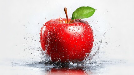 A clip art of a red apple with a green leaf on a white background