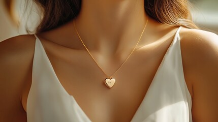 Woman Wearing Delicate Gold Heart Necklace