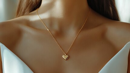 Woman Wearing Delicate Gold Heart Necklace