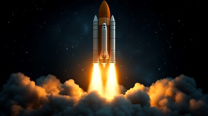 A clip art of a rocket ship flying through space surrounded by stars on a white background