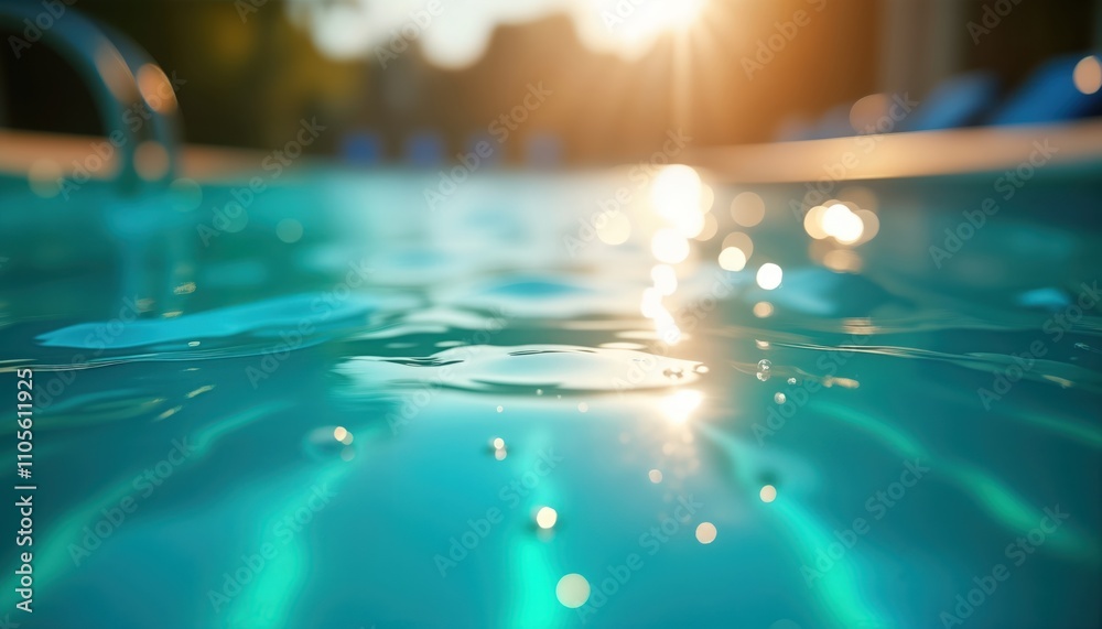 Aufkleber Close up view of swimming pool water surface. Sunlight reflects on water creating shimmering effect. Calm ripples, gentle waves visible on water. Water turquoise color. Background blurred. Sunny day.