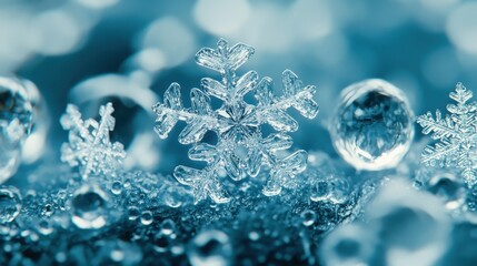 Glittering snowflakes and silver baubles placed on a frosted blue background selective focus winterinspired celebration theme ethereal blend mode icy forest backdrop