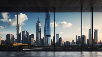 modern building and empty floor with skyline. Panoramic urban architecture, cityscape with space