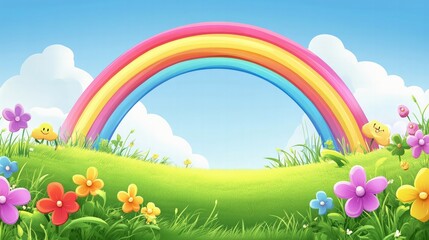 Colorful rainbow over lush green field with vibrant flowers outdoor scene nature joyful atmosphere scenic view
