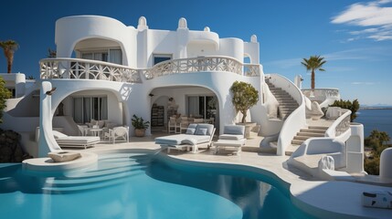 Obraz premium A traditional Mediterranean villa set against a clear blue sky. The white walls and architectural beauty make it a perfect example of Mediterranean living.