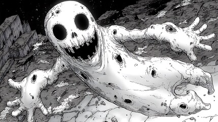 A clip art of a spooky ghost floating in the air on a white background