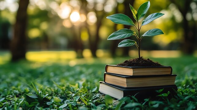 A clip art of a stack of books with a small plant sprouting from the top on a white background
