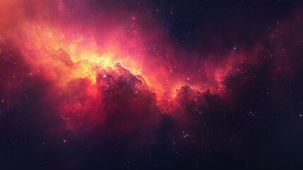 Naklejka premium Bright nebula illuminated in red, pink and orange, surrounded by twinkling stars Space view background wallpaper AI generated image