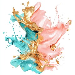 vibrant explosion of gold,dusty blue, blush, soft tan paints splashing on a white background
