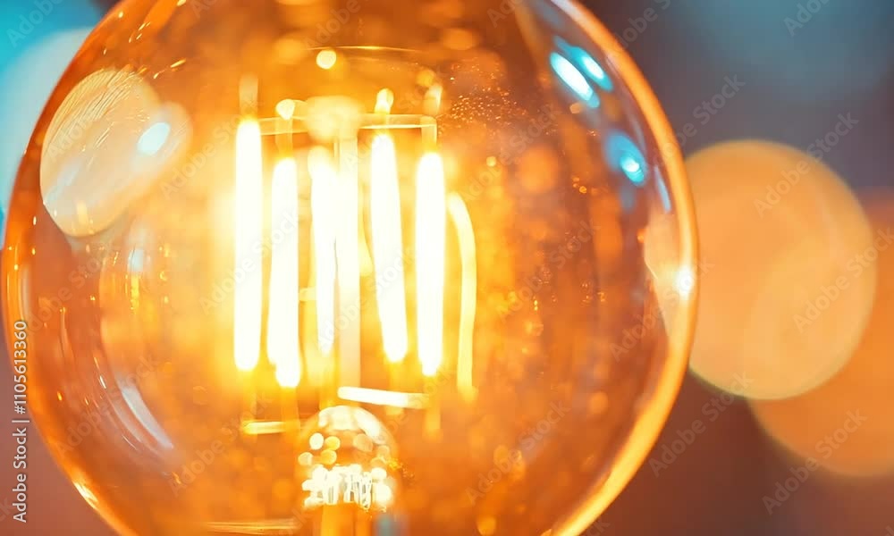 Aufkleber vintage incandescent light bulb with warm glowing filament in moody bokeh background : generative ai