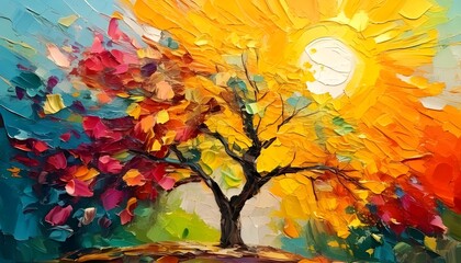 Painting of a tree with colorful flowers in the autumn season. Oil color painting.