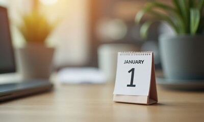 Small calendar sits on table with laptop and potted plant. Calendar is for January 1st