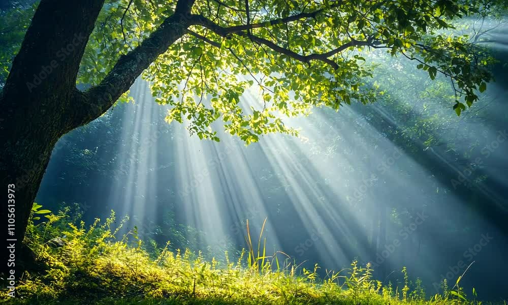 Aufkleber sunlight filtering through green tree leaves in mystical forest landscape : generative ai