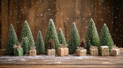 Small pine trees and wrapped gifts arranged on a wooden table with snowflake patterns copy space natureinspired holiday theme whimsical silhouette mountain lodge backdrop