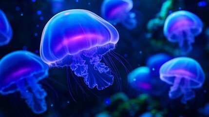 Glowing Blue Jellyfish in Deep Ocean Waters