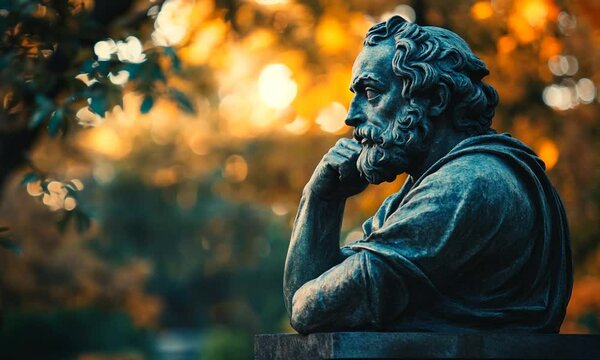 Thoughtful philosopher statue in park with autumn leaves background : Generative AI