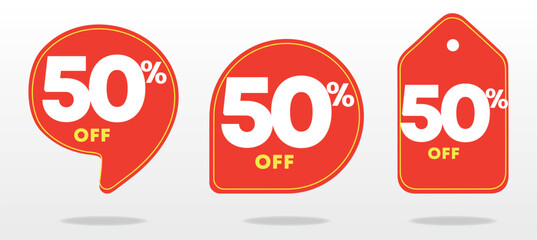 50% discount. Red price tag. Coupon, voucher. Creative design poster, marketing. Sale special offer. Advertising campaign, retail, sticker, announcement. Online shop, value, percent. Set, vector