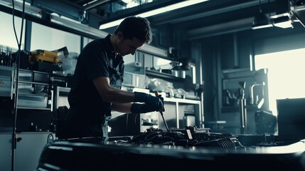 Modern Mechanic Working in a Clean Automotive Workshop Environment