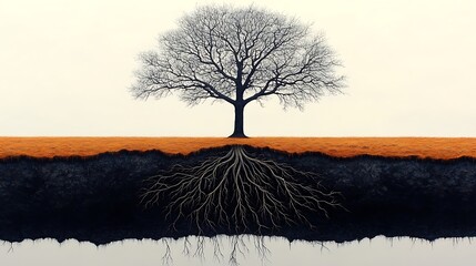 A detailed clip art of a green tree with a full canopy and roots visible on a white background