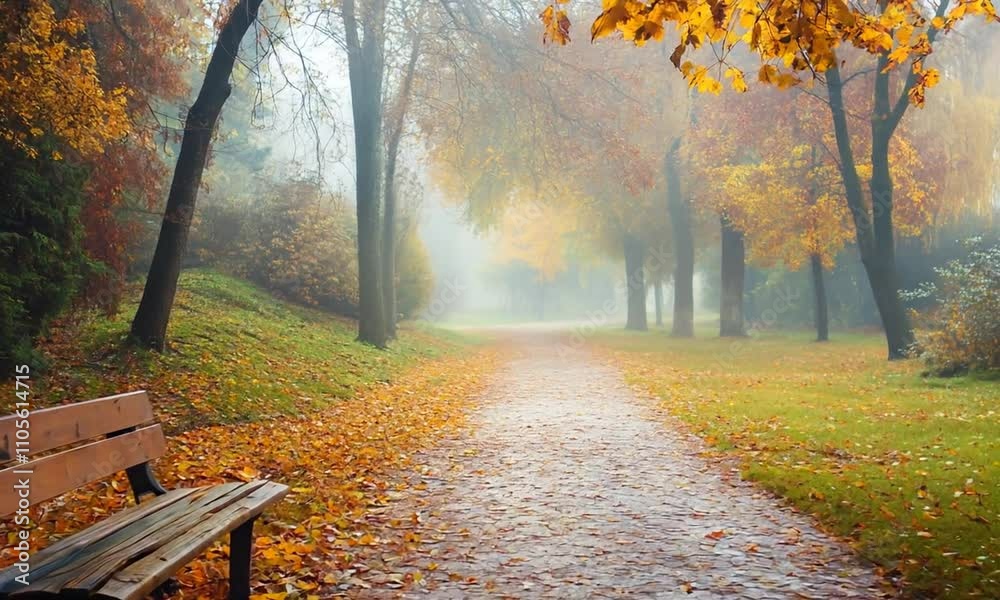 Poster serene autumn pathway in misty park lined with trees and wooden bench : generative ai