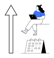 Woman holding laptop sitting next to a calendar symbolizing time management and productivity, with a large upward arrow indicating growth and progress. Ideal for business strategy, planning