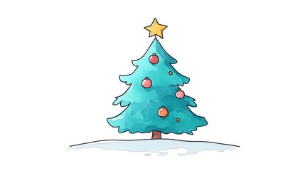 A festive clip art of a green Christmas tree with ornaments and a gold star on top on a white background