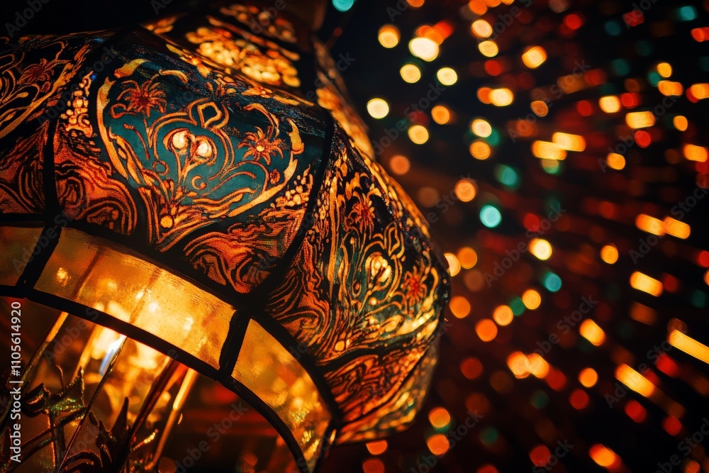 Poster Beautiful close-up of an intricately designed lantern illuminated with vibrant blue and red colors, set against a stunning blurred lights background for effect.