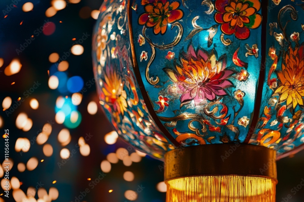 Poster a beautifully ornate and colorful lantern adorned with intricate designs is illuminated by warm ligh
